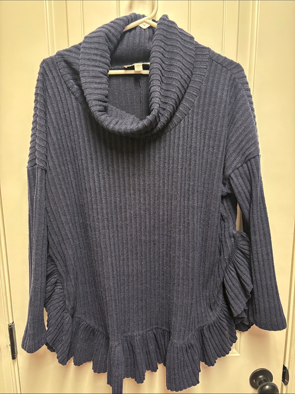 Ribbed Cowl Neck Sweater with Ruffle Hem in Navy